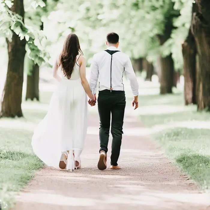 romantic stel loopt door een park