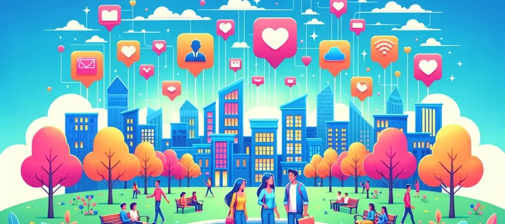 Beste Datingsites voor Studenten - Illustratie van een levendig stadsbeeld met dating-app-pictogrammen die in de lucht zweven en hieronder interactie van studenten