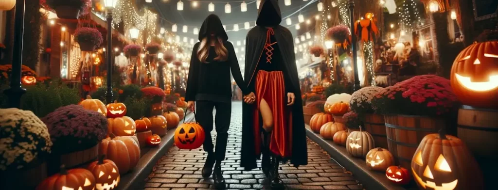 Date Ideeën voor Halloween: Foto van een stel dat Halloween-kostuums draagt, elkaars hand vasthoudt en door een slecht verlichte straat loopt, versierd met pompoenen en lantaarns- breed