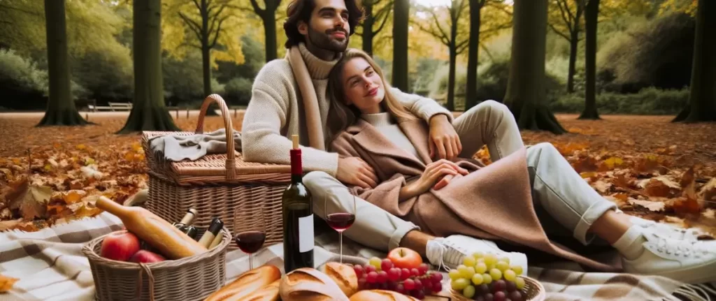 Datingtips voor de herfst: Foto van twee mensen die samen een herfstpicknick hebben in een park.