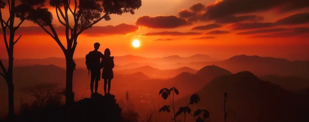 Foto van twee silhouetfiguren die genieten van een zonsondergang vanaf een heuveltop, wat een romantische date voorstelt