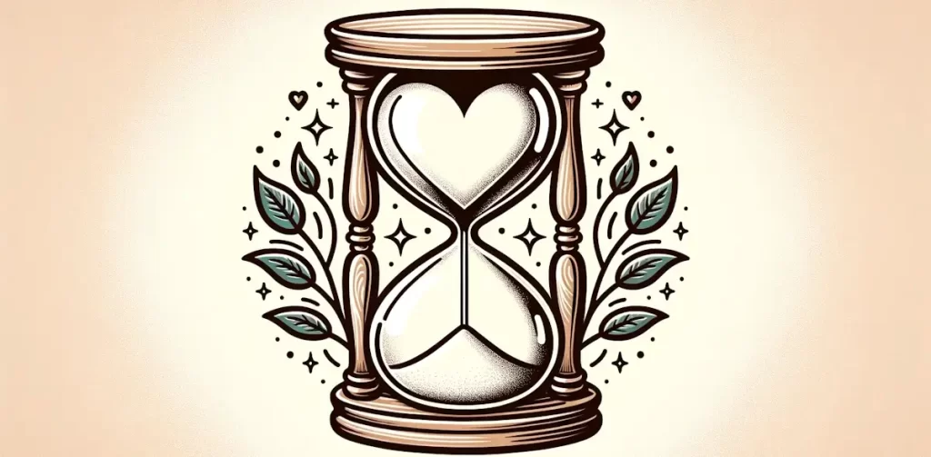 Illustratie van een hartvormige zandloper, die het verstrijken van de tijd symboliseert en de keuzes die gemaakt worden met betrekking tot maagdelijkheid