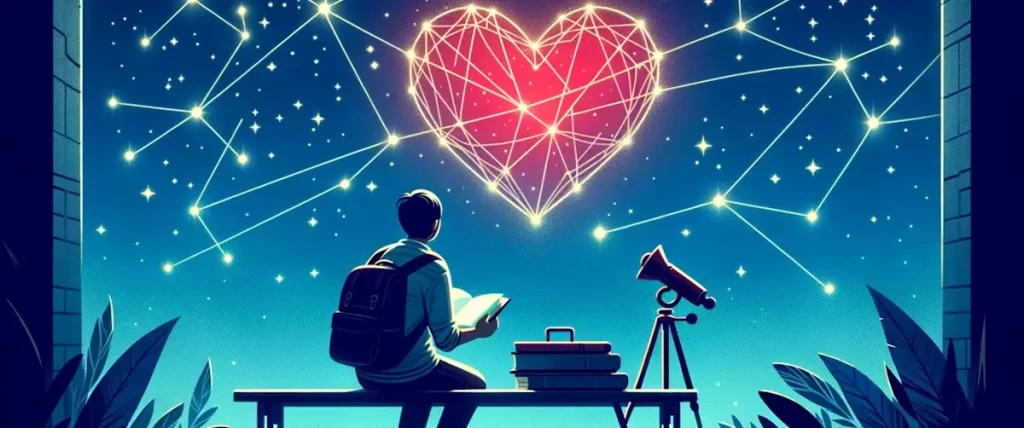 Dating tips voor studenten: Illustratie van een student die naar een hartvormig sterrenbeeld kijkt, dat de zoektocht naar liefde in de universiteitsjaren vertegenwoordigt