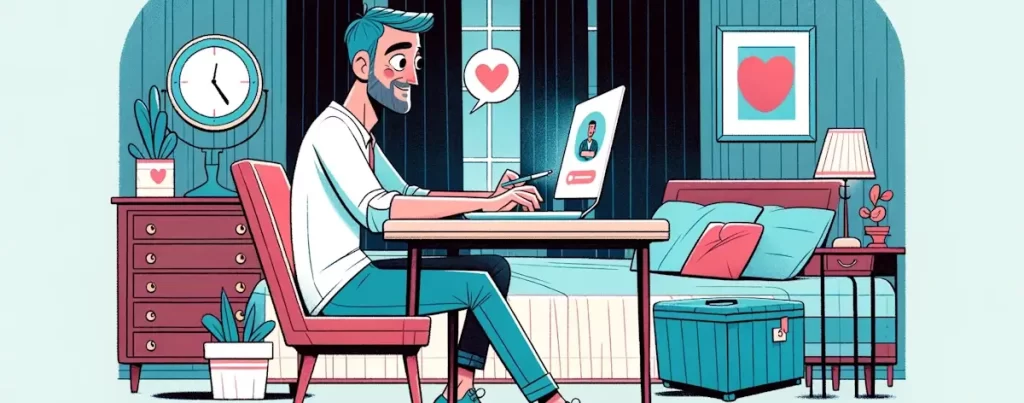 Illustratie van een middelbare man die zorgvuldig een bericht typt op een datingsite, in zijn woonkamer, met een hoopvolle en doordachte uitdrukking