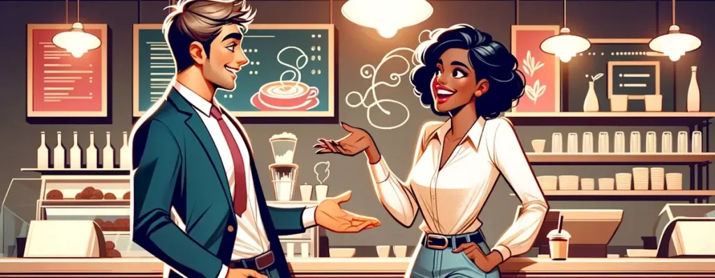 Illustratie van een vrouw die vol vertrouwen een man mee uit vraagt voor een date in een koffieshop