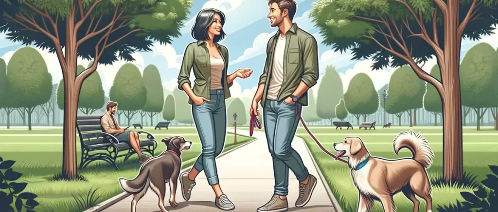 Waar single vrouwen te ontmoeten - illustratie van man en vrouw in een park aan het praten tijdens het uitlaten van hun hond