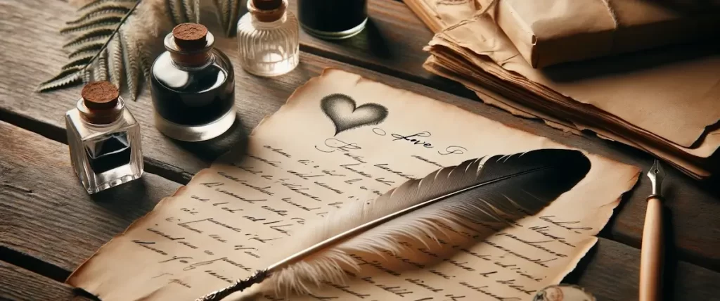 foto van een vintage handgeschreven liefdesbrief op een houten tafel met een veer en inktfles