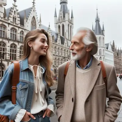jonge vrouw en een oudere man die samen een wandeling maken door een stad