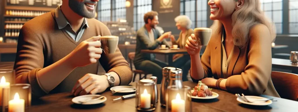 Afbeelding van twee vijftigplussers die samen koffie drinken in een gezellig café, met een gesprek en een lach. De setting is warm en uit