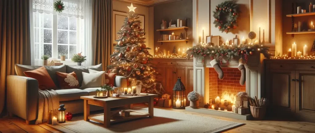 Alleen met de Feestdagen - Illustratie van gezellige woonkamer in Kerst sfeer