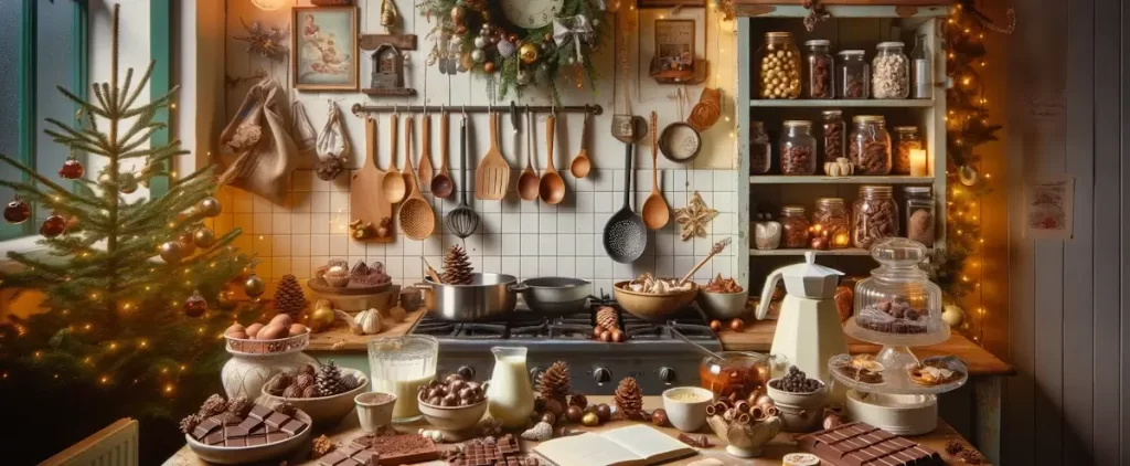 Single met Kerst en Feestdagen  - Een keuken waarin een stel samen experimenteert met het maken van verschillende soorten chocomelk, kerstversieringen, gezellige en warme sfeer