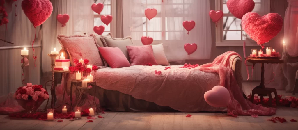 Romantische slaapkamer met hartvormige ballonnen en rozen.