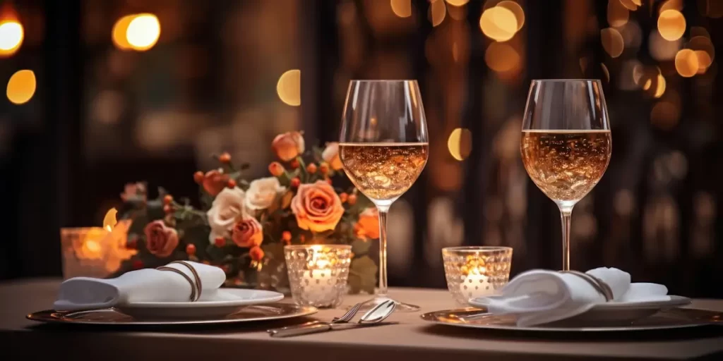 Romantisch diner met wijn en kaarslicht.